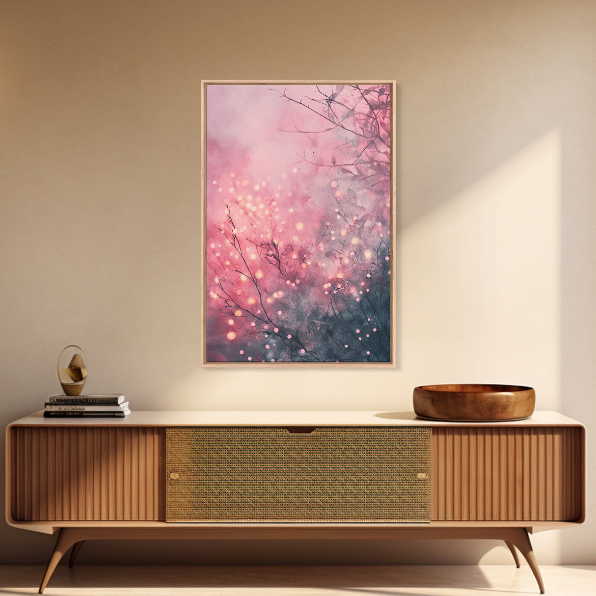 Soft Pink Glow Framed Canvas Print | Cherry Blossom Painting | Light Pink Wall Art | Wabi Sabi Art | Above Sofa Decor | Living Room Art
