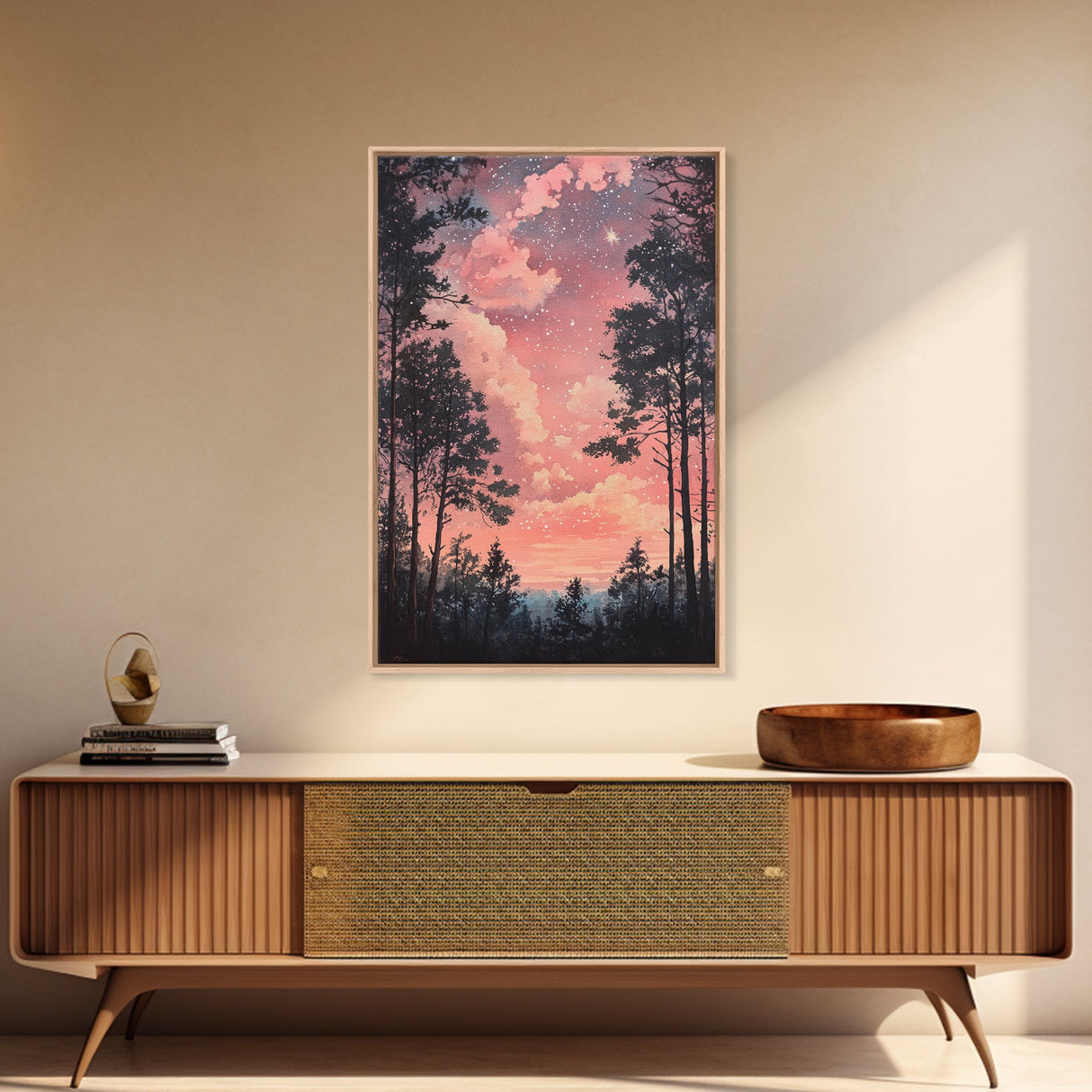 Starry forest scene painting on framed canvas print, forest at dusk painting, smoky mountain art, wabi sabi art, above couch decor