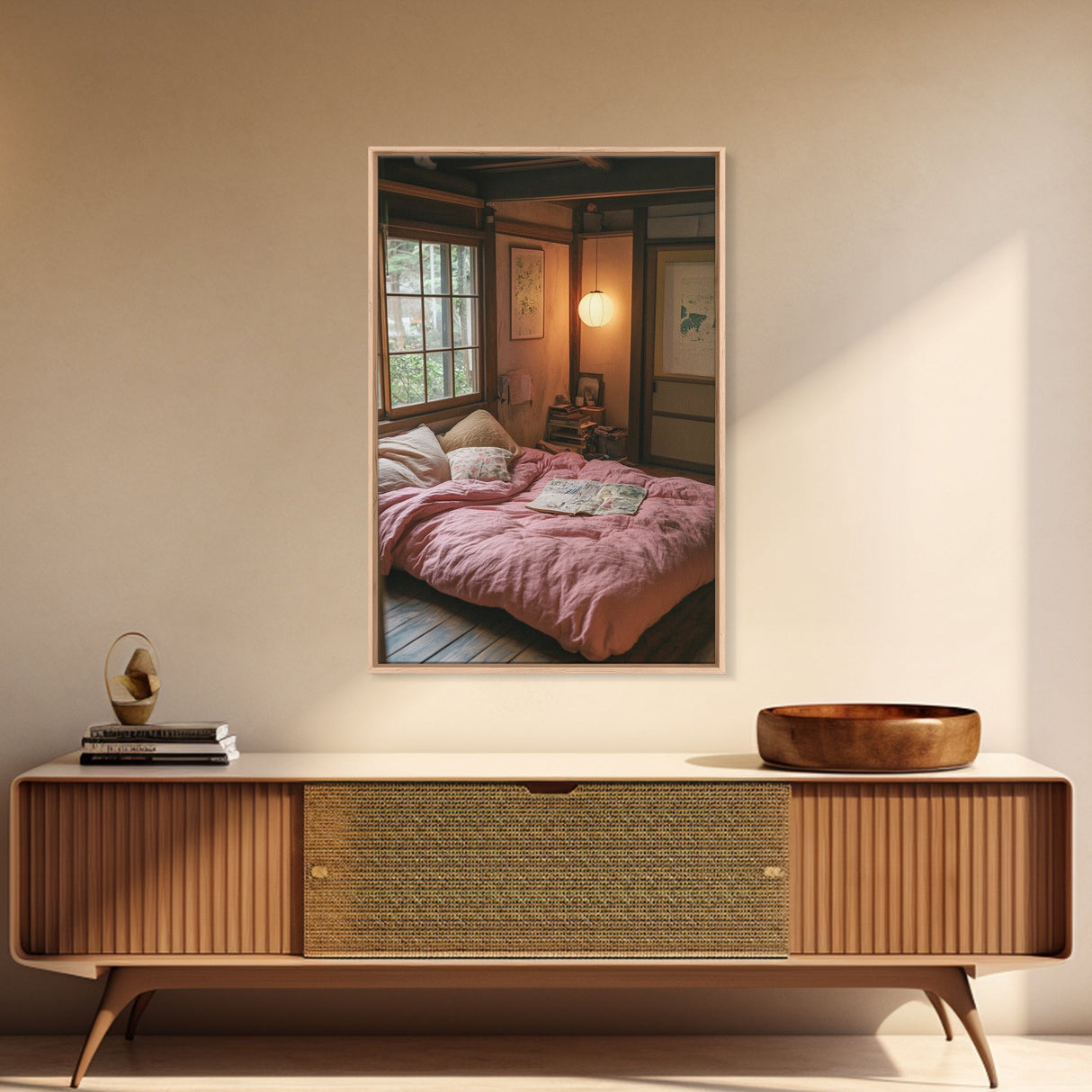 Minimalist Japanese Bedroom Art Canvas Print Wabi Sabi Home Decor Pink Cozy Wall Art Framed Living Room Art Piece Modern Gift