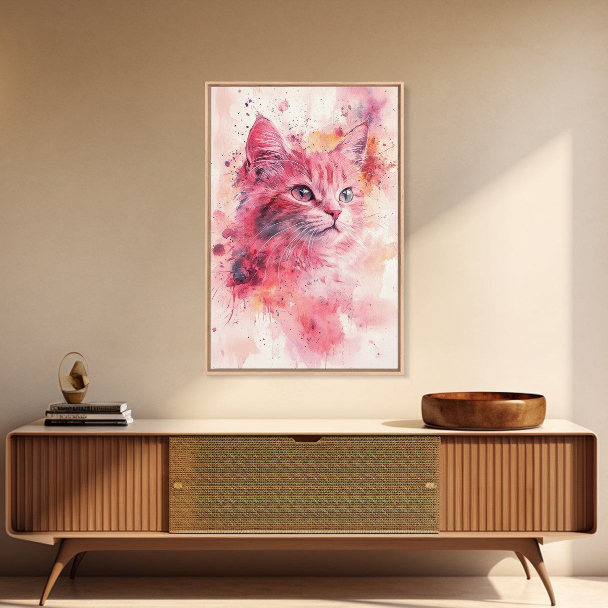 Pink Cat Portrait Canvas Print, Whimsical Art, Feline Wall Art, Light Pink Wall Art, Bedroom Art, Artistic Decor, Gift Idea for Cat Lovers