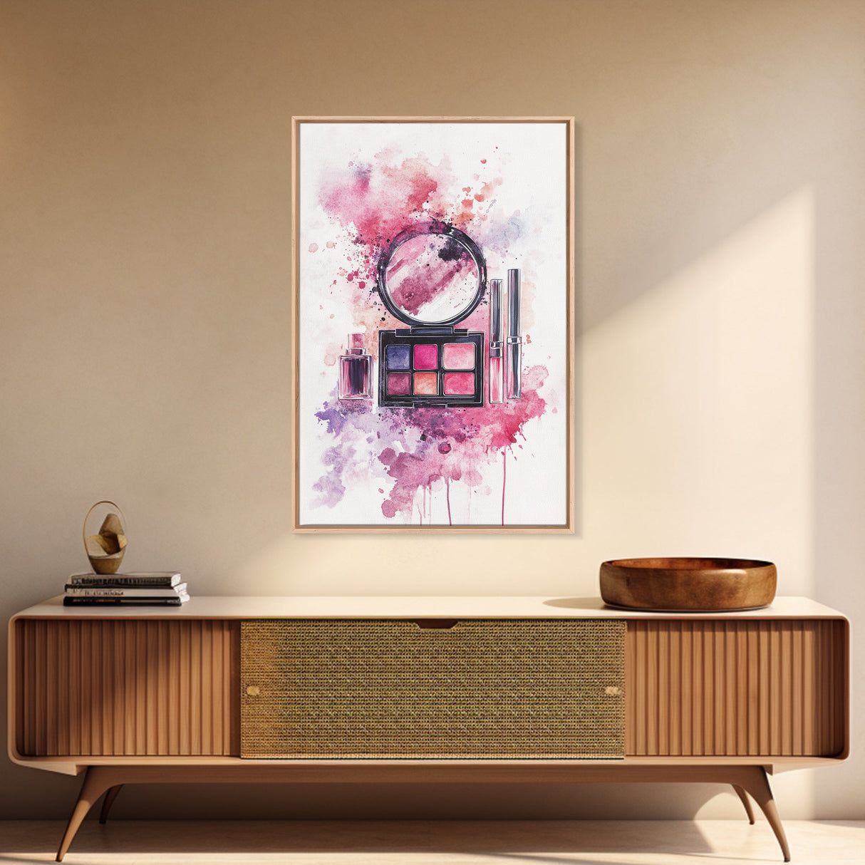 Makeup palette splash art vibrant beauty decor framed canvas print modern girly aesthetic perfect gift idea unique pink abstract art piece