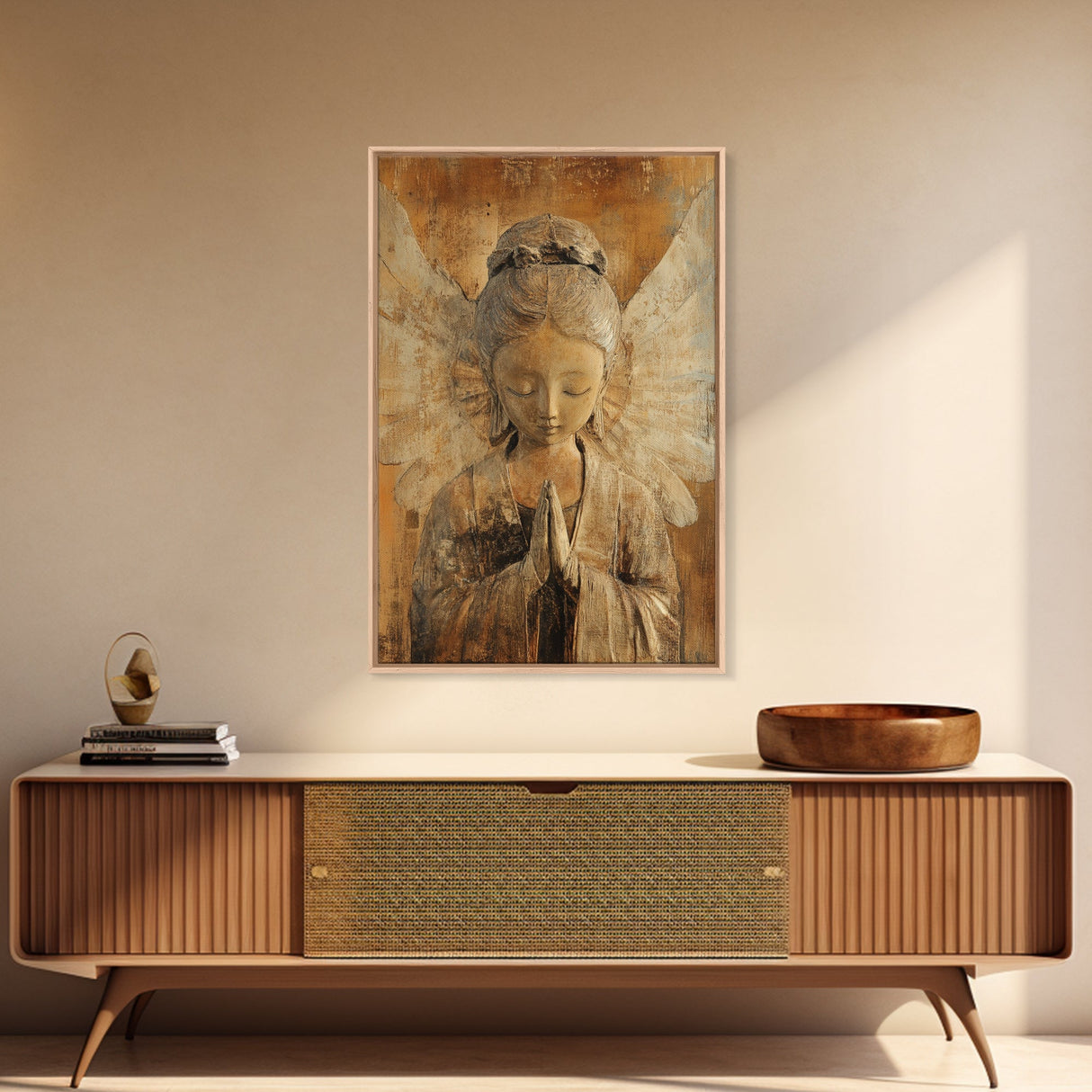 Serene Angel Sculpture Framed Canvas Print Angels Wall Art Rustic Wall Art Therapy Art Sacred Peaceful Art Living Room Décor