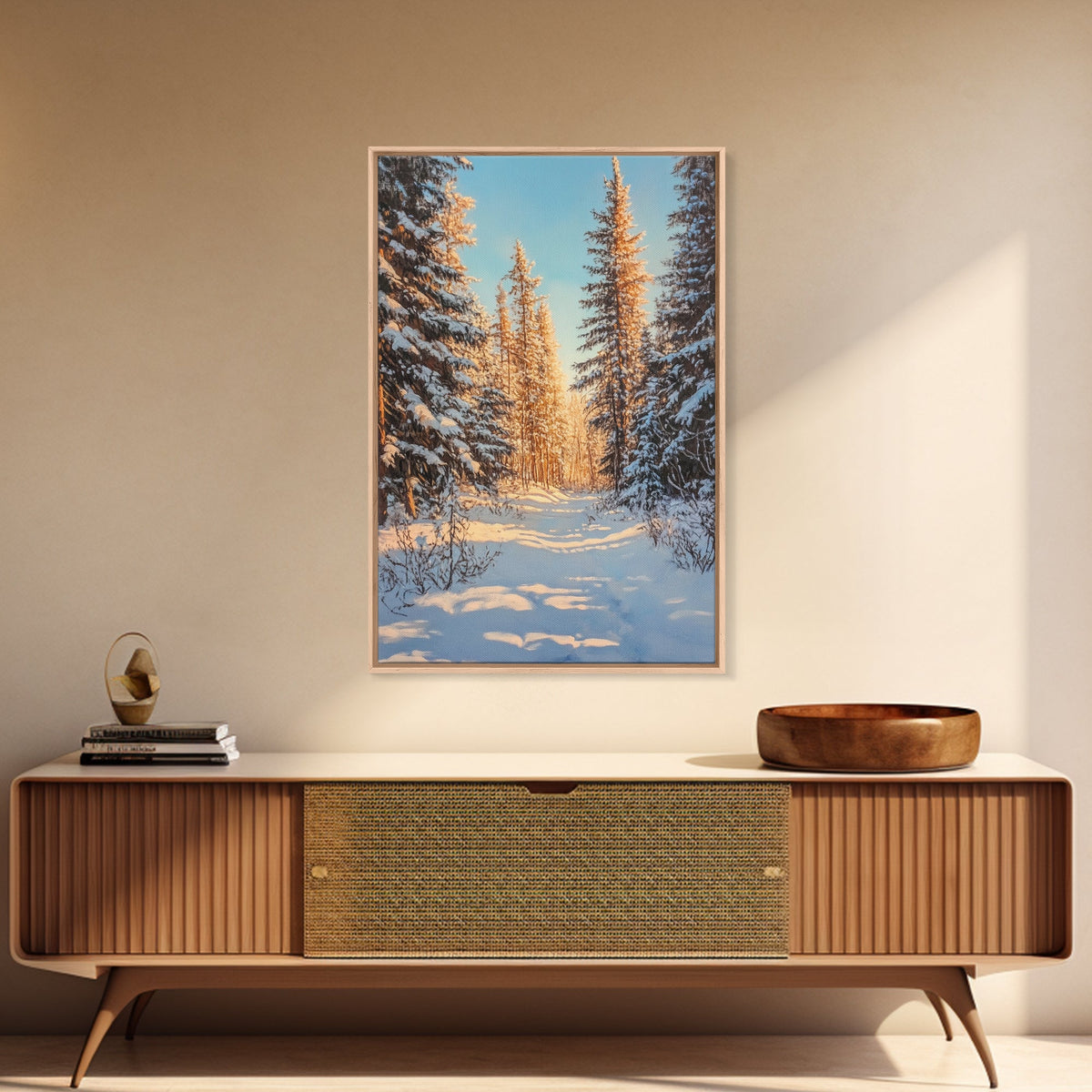 Winter Wonderland Framed Canvas Print, Snowy Forest Landscape Painting with Pine Tree Art, Cozy Rustic Wall Decor
