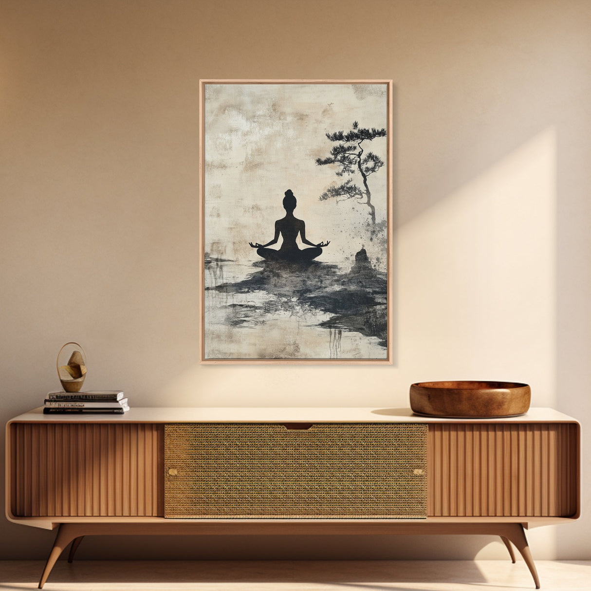 Serenity Silhouette Canvas Print Featuring Pine Tree Art, Rustic Neutral Zen Wall Art, Wabi Sabi Minimalist Decor for Peaceful Living