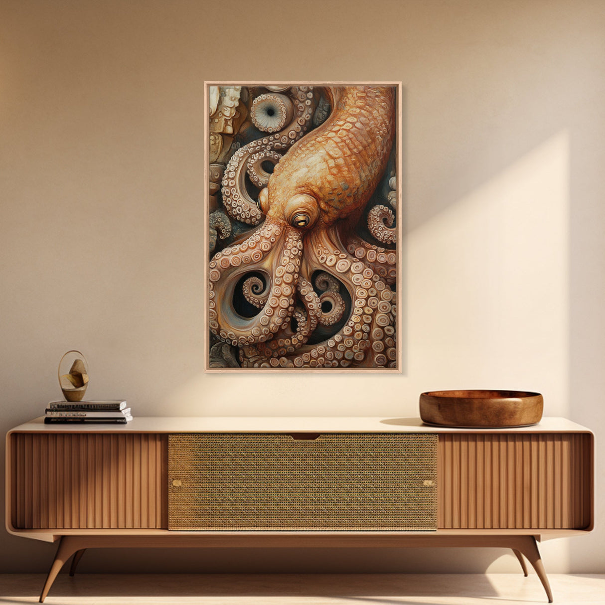Octopus Tentacles Framed Canvas Print | Coastal Decor Ocean Art | Nautical Wall Art Above Sofa | Whimsical Octopus Painting Artwork