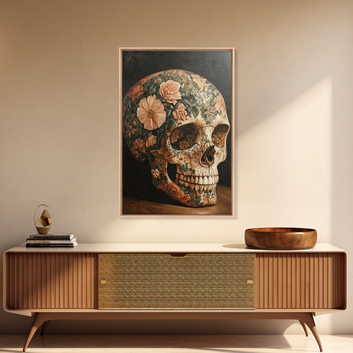 Skull Art Framed Canvas Print Featuring Floral Boho Design in Rustic Chinoiserie Style, Gothic Bedroom Art and Halloween Wall Decor