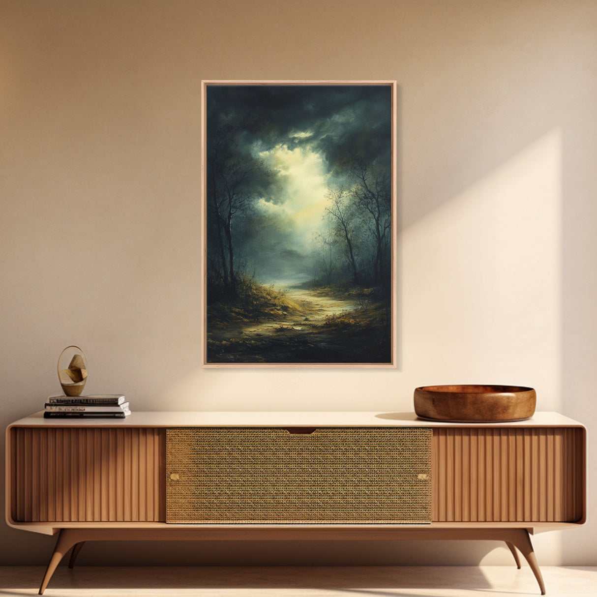 Forest at Dusk Framed Canvas Print with Moody Dark Romance Painting, Fall-Inspired Smoky Mountain Art Perfect Above Bed Wall Decor