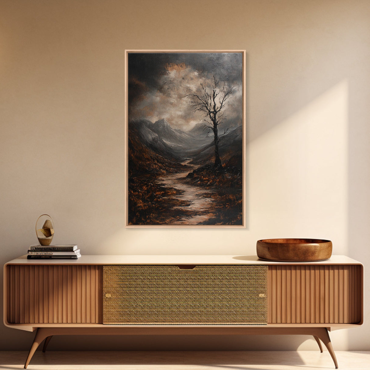 Mountain Painting Framed Canvas Print with Mystical Sunrise Over Autumn Forest Path, Rustic Landscape Art with Moody Coastal Vibes