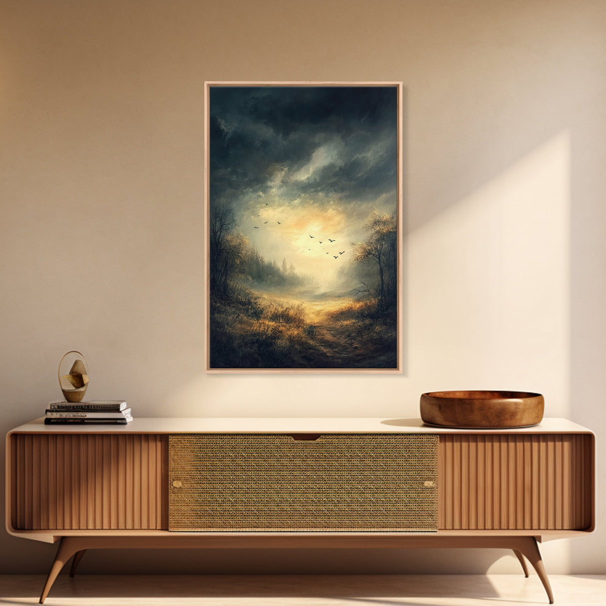 Landscape Painting Framed Canvas Print Featuring Sunset Over Autumn Forest with Dark Romantic Smoky Mountain Art and Rustic Decor