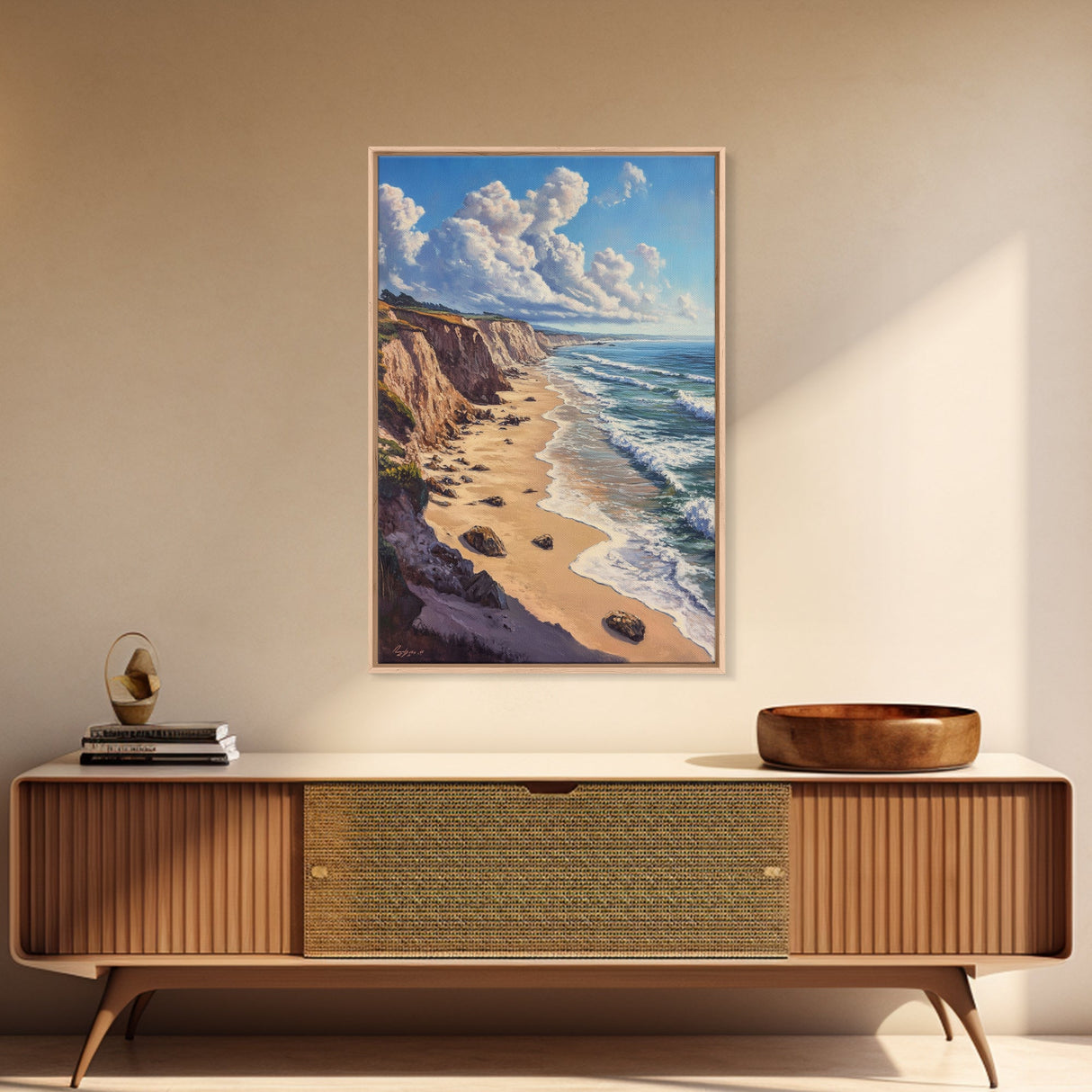 Sunny Beach Landscape Framed Canvas Print Coastal Seascape Painting Nautical Wall Art Gift Idea Bedroom Decor Rustic Nautical Painting