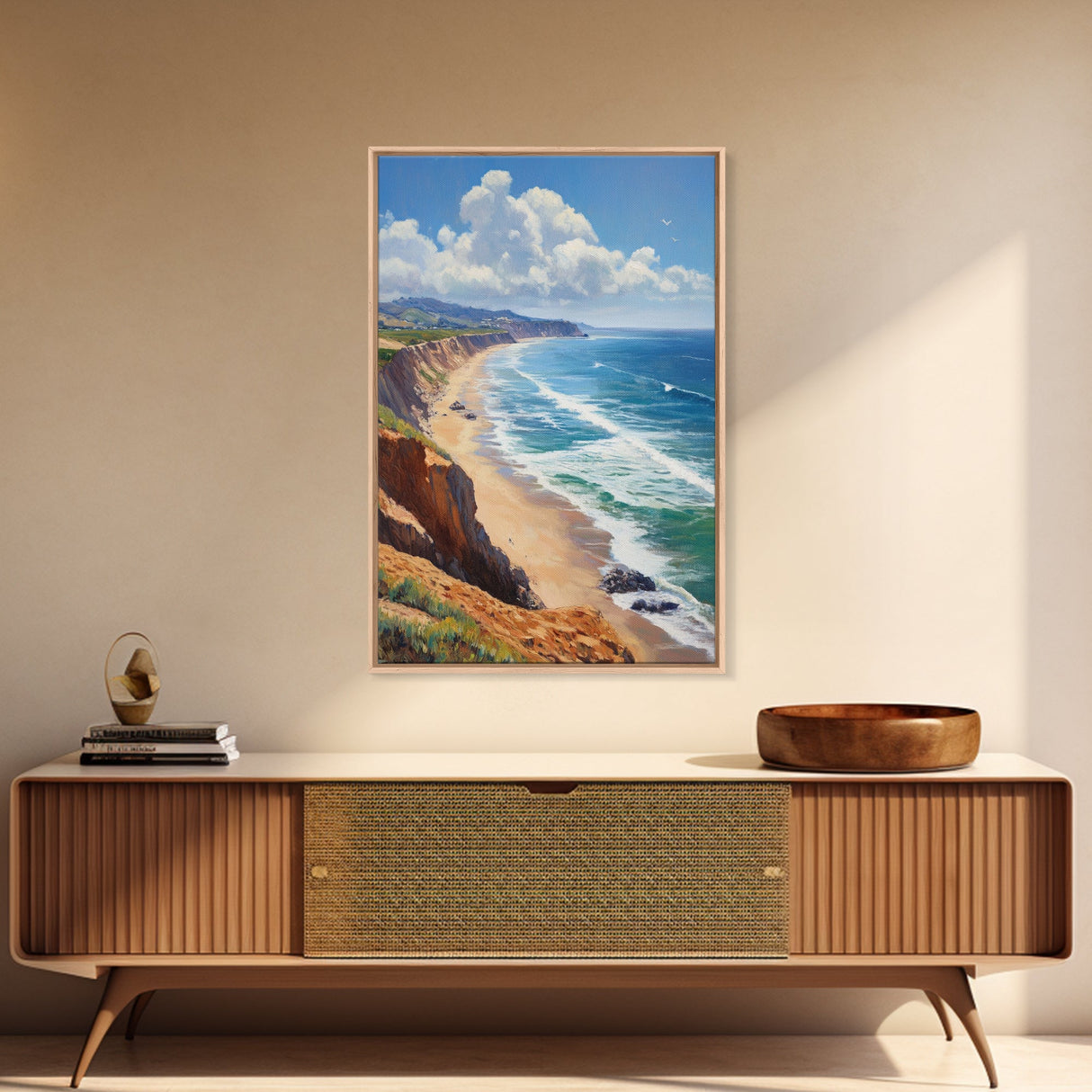 Panoramic Coastal Framed Canvas Print Blue Ocean View Nautical Landscape Art Extra Wide Wall Art Nautical Decor Living Room Beach Artwork