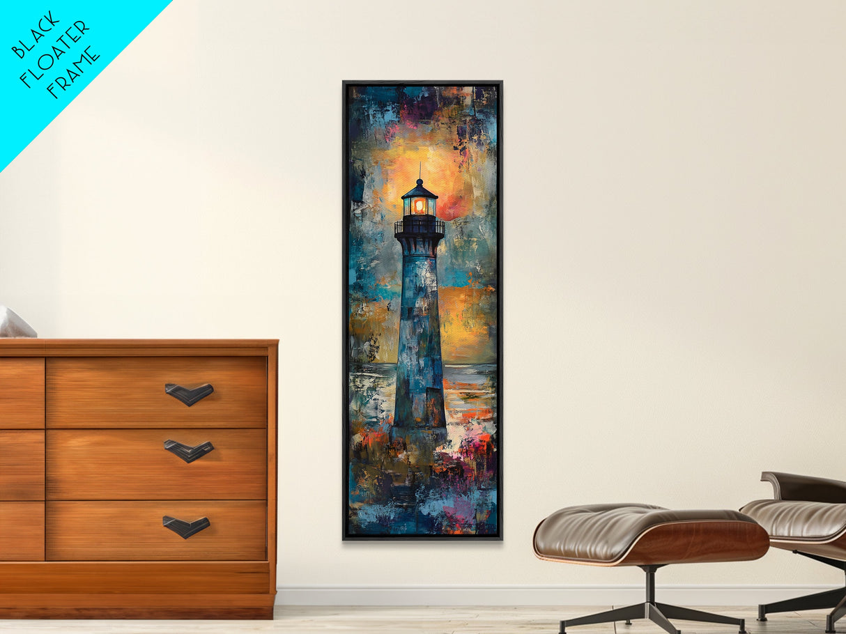 Lighthouse Glow, Moody Seascape, Nautical Painting, Coastal Decor, Sunset Wall Art, Framed Canvas Print, Bedroom Art