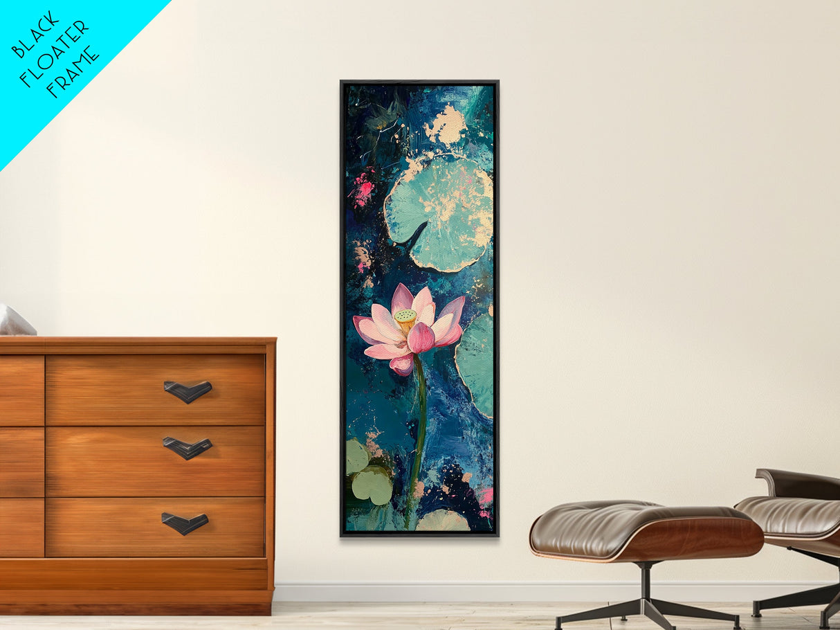 Lotus flower, teal wall art, botanical prints, wildflower painting, moody art, vertical wall art, canvas print, living room art