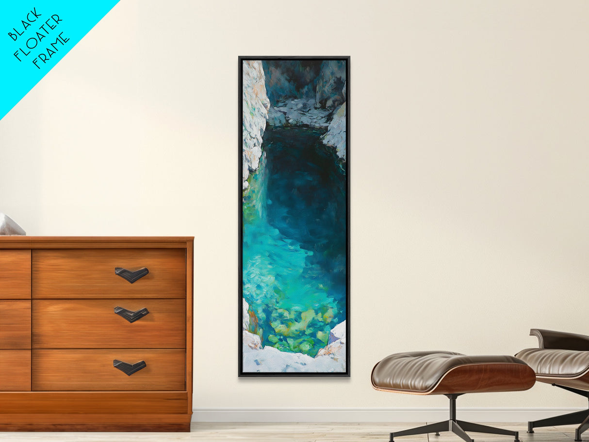 Teal wall art, hidden lagoon, ocean painting, moody art, coastal decor, framed canvas print, nautical art, above bed wall art