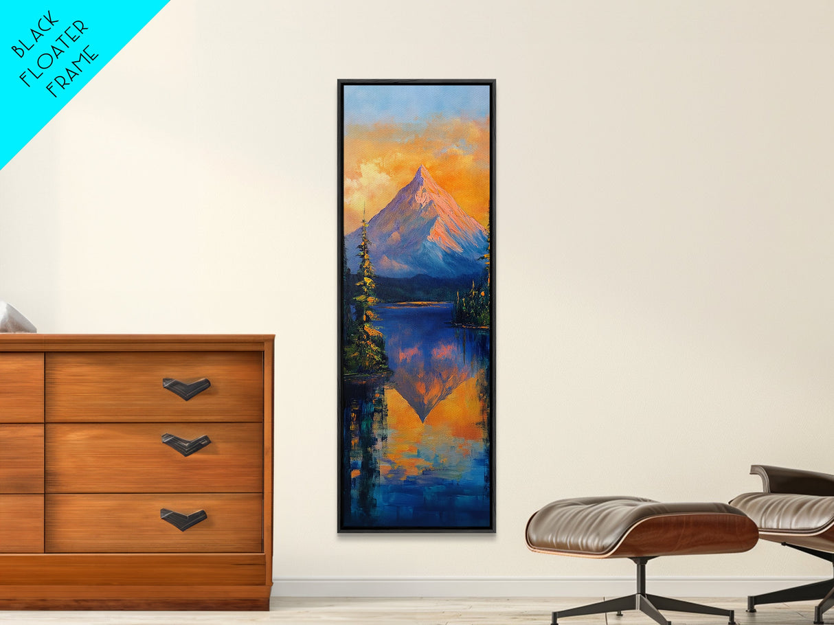 Landscape Painting, Framed Canvas Print, blue and green wall art, panoramic painting, extra wide art, mountain painting