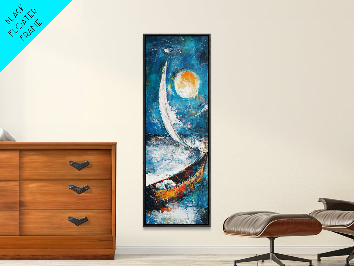 Sailboat, Moonlit Ocean, Nautical Wall Art, Coastal Landscape Art, Seascape Painting, Framed Canvas Print, Above Couch Art