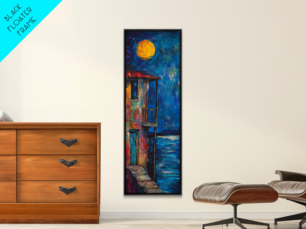 Moonlit Balcony, dark romance painting, moody art, boho art, textured painting, Framed Canvas Print, vertical wall art