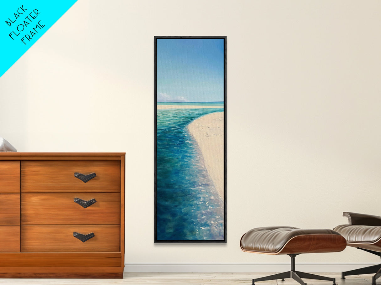 Tropical Shoreline, coastal painting, ocean landscape, blue and green wall art, framed canvas print, nautical decor, seascape art