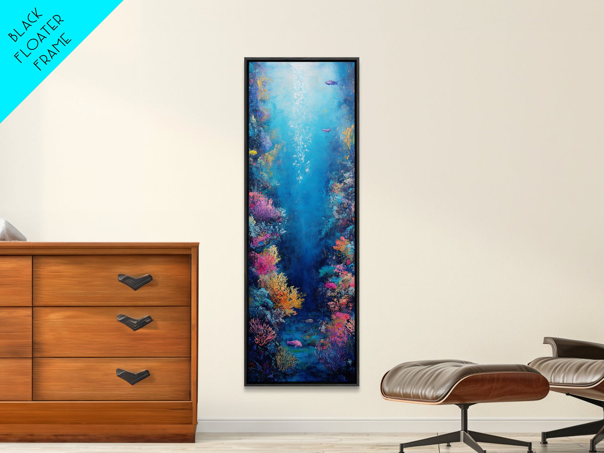Deep Sea Coral, dolphin painting, ocean wall art, marine life art, framed canvas print, nautical decor, blue and green wall art