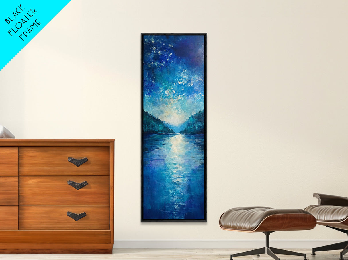 Lake Reflection Art, Moody Landscape, Blue and Green Wall Art, Minimalist Art, Above Sofa Art, Framed Canvas Print