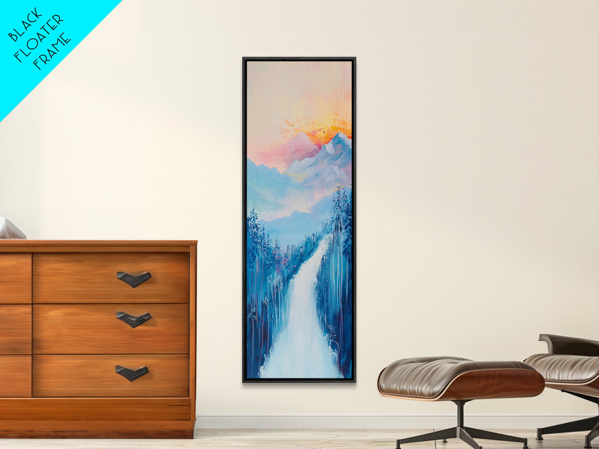 Sunset Over Mountains, pink orange wall art, mountain painting, framed canvas print, extra wide art