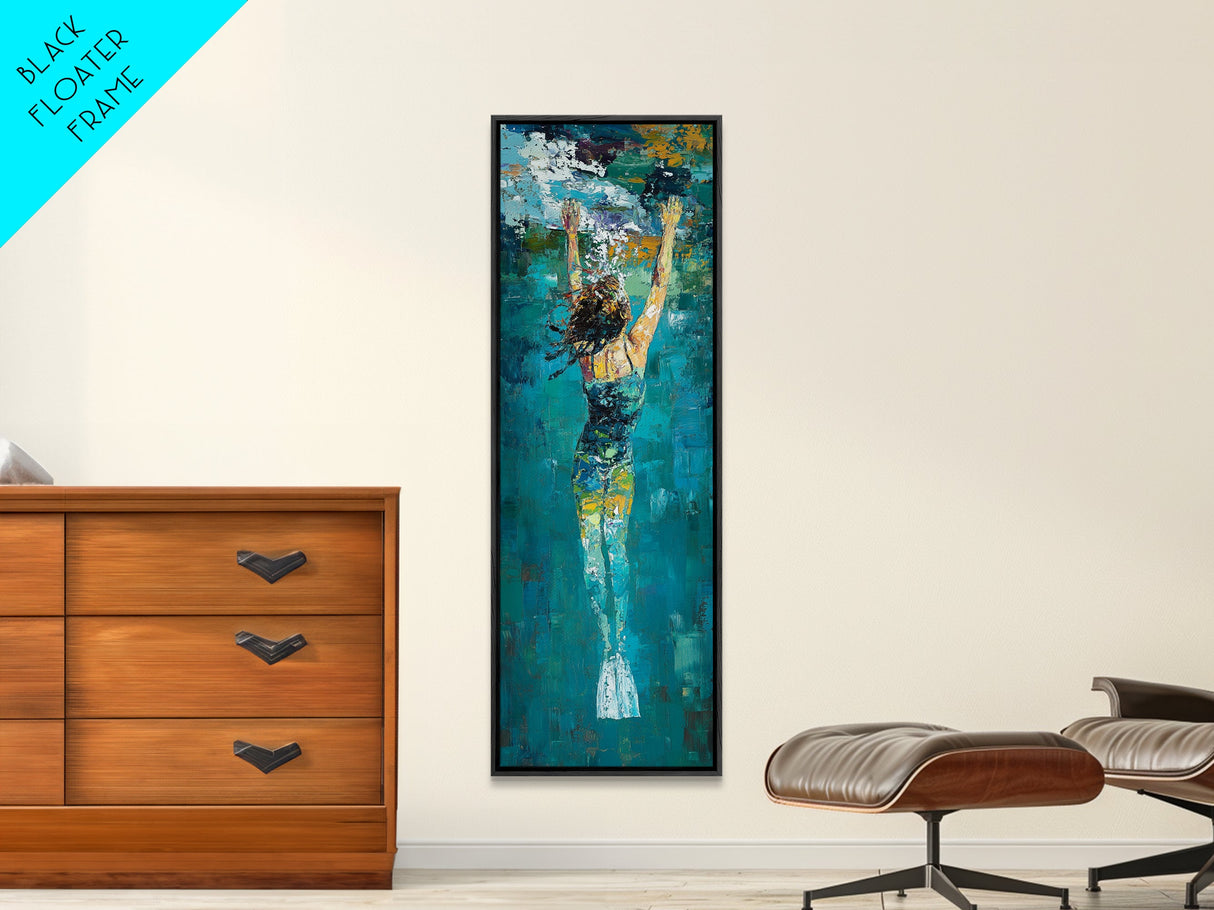 Woman Swimming, Coastal Painting, Framed Canvas Print, Surf Wall Art, Ocean Art, Blue and Green Wall Art, Abstract Art