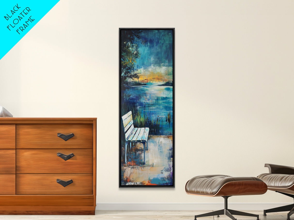 Lakeside Bench, moody art, landscape painting, coastal wall art, rustic decor, farmhouse art, framed canvas print, vertical wall art