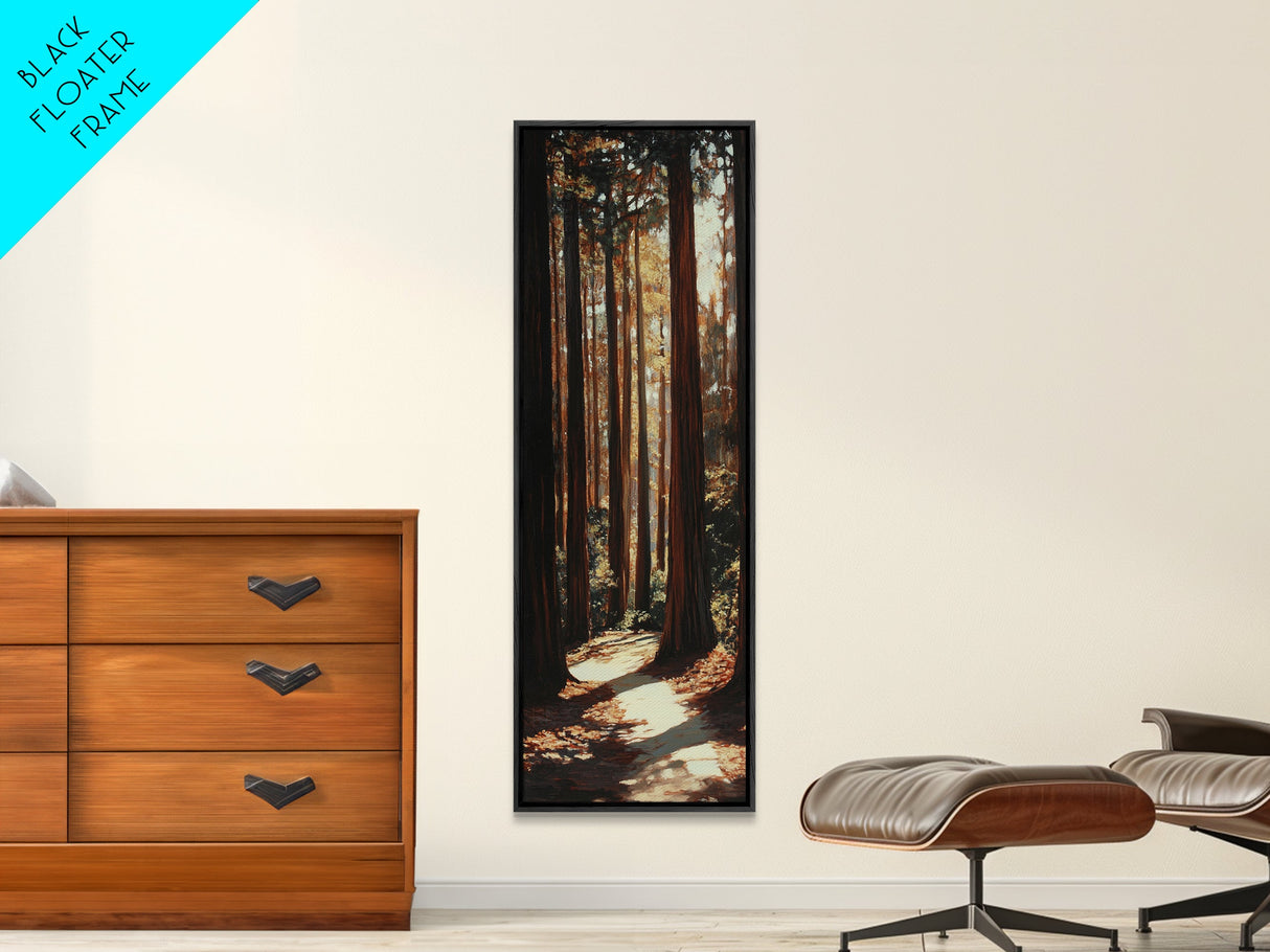 Redwood Forest, pine tree art, rustic decor, above sofa art, forest at dusk painting, wabi sabi art, tall skinny art, framed canvas print