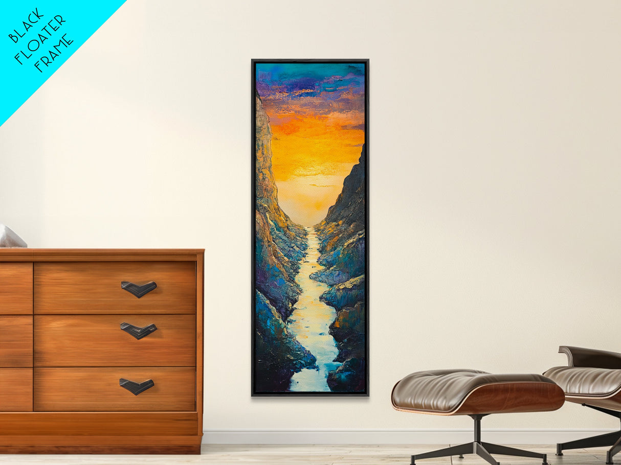 Sunset River, mountain painting, vertical wall art, nature art, framed canvas print, above sofa art, extra wide art, rustic decor