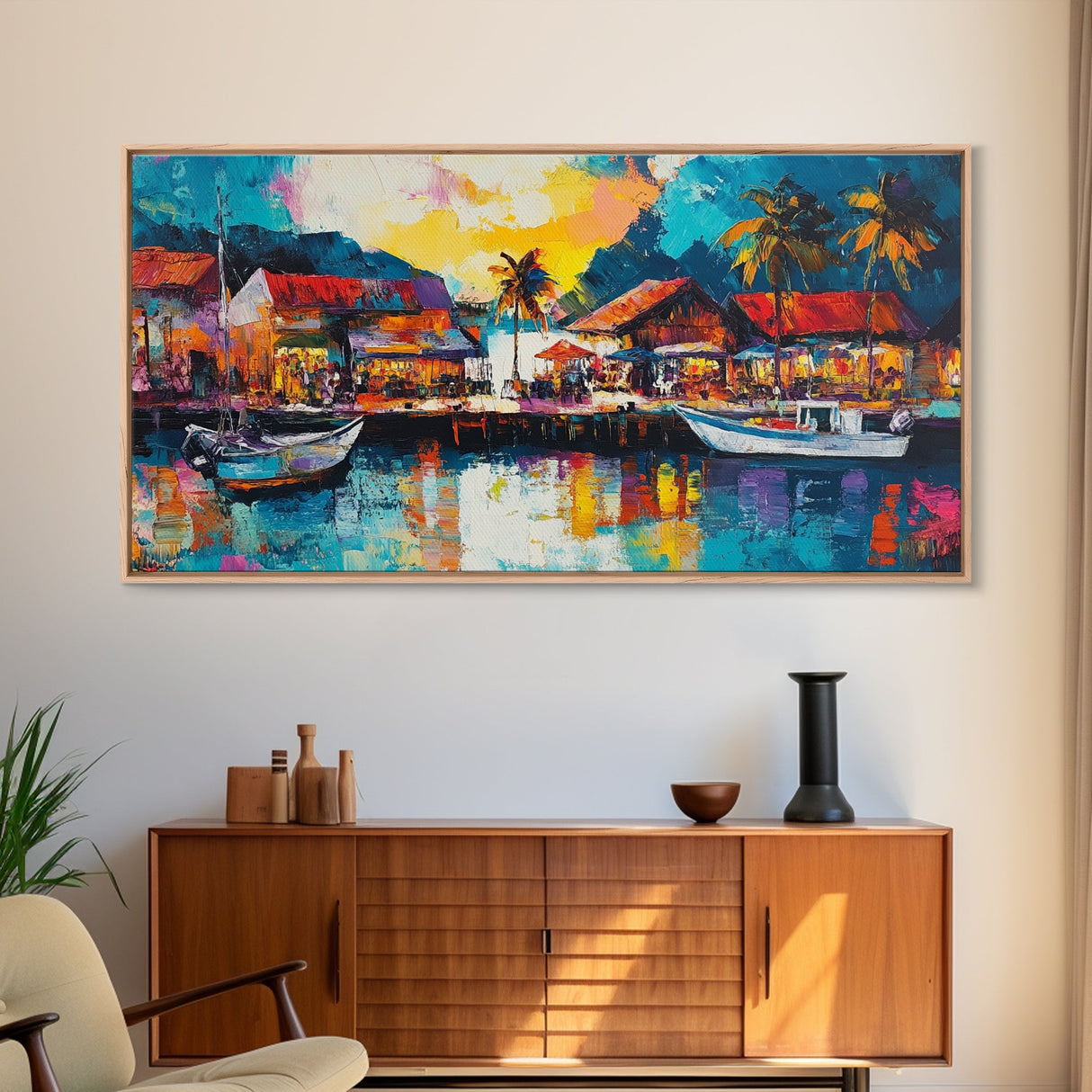 Coastal Village Painting, Nautical Wall Art, Tropical Landscape Art, Vibrant Art, Beach House Decor, Extra Wide Art, Canvas Print