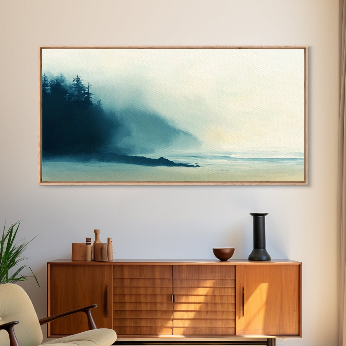 Misty Forest, smoky mountain art, pine tree art, moody art, wabi sabi wall art, green wall art, bedroom art, Framed Canvas Print