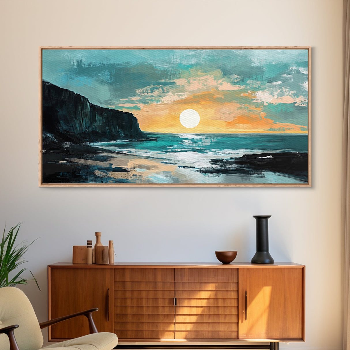 Sunset Cliffs, nautical wall art, coastal painting, surf wall art, panoramic art, above couch art, boho art, Framed Canvas Print