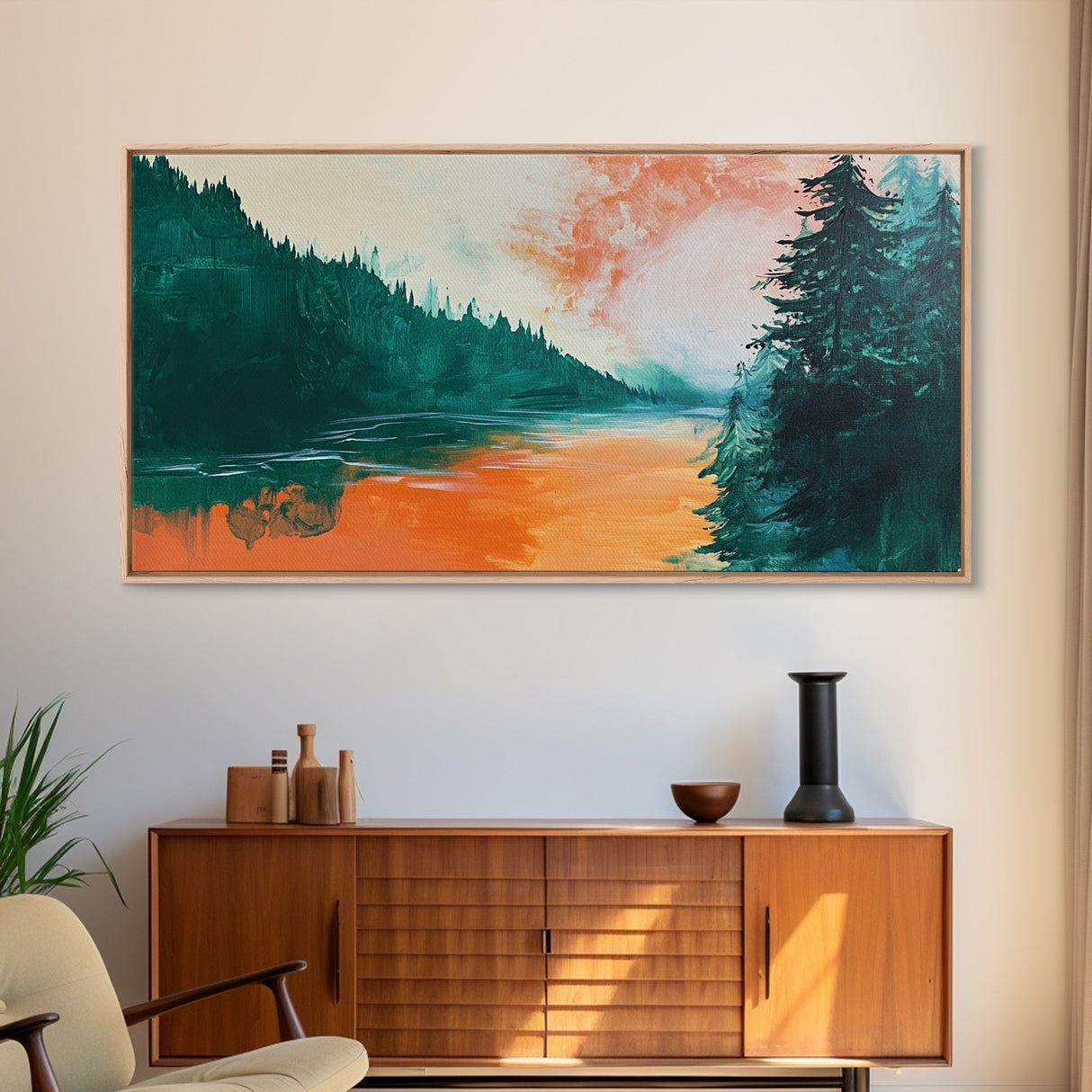 Forest Lake, pine tree art, landscape painting, rustic wall art, autumn painting, extra wide art, wabi sabi art, Framed Canvas Print