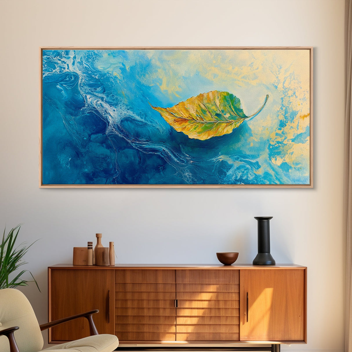 Leaf in Water, blue and green wall art, coastal decor, wabi sabi art, extra wide art, panoramic painting, Canvas Print, gift idea