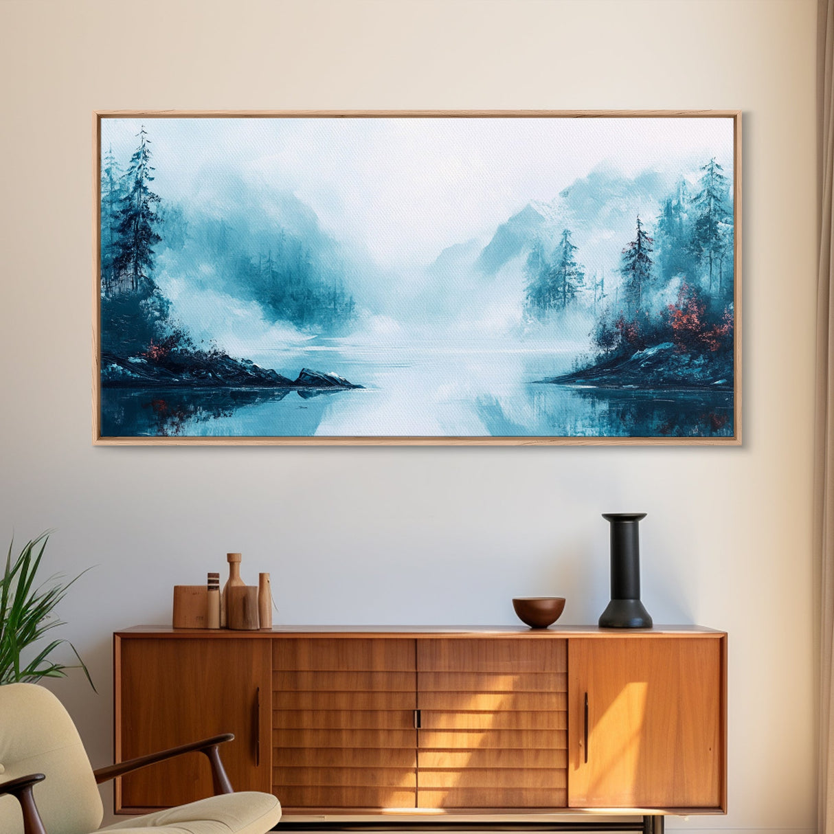 Misty Mountains, pine tree art, wabi sabi wall art, smoky mountain art, panoramic painting, nature painting, Framed Canvas Print