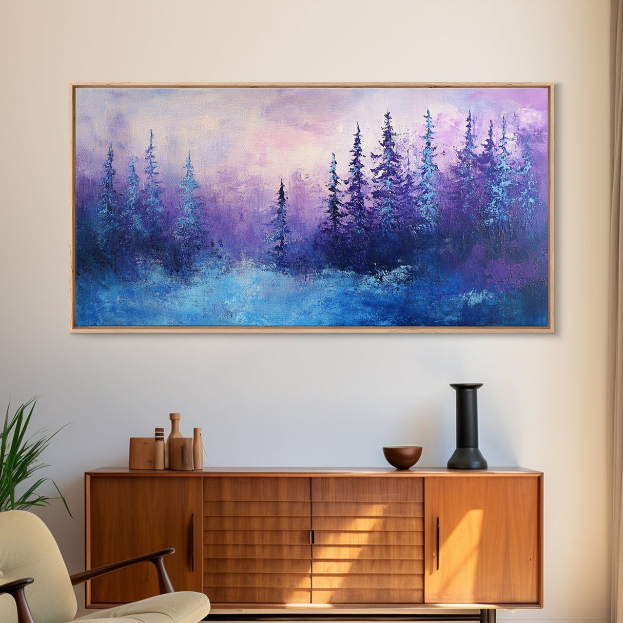 Forest at Dusk, Moody Art, Pine Tree Art, Smoky Mountain Art, Framed Canvas Print, Landscape Painting, Extra Wide Art