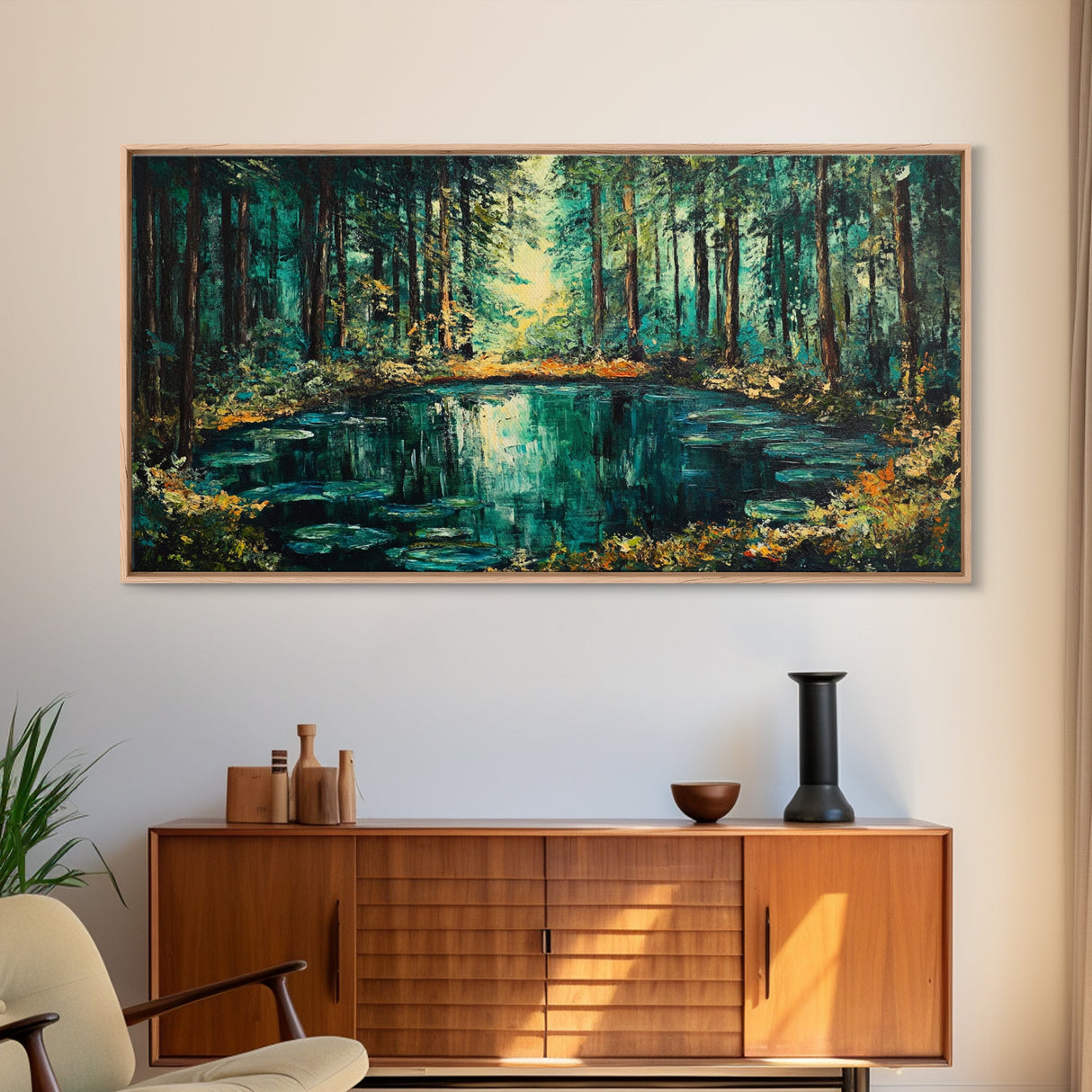 Enchanted Forest Pond, Canvas Print, landscape painting, pine tree art, forest at dusk painting, lake Tahoe art, extra wide art