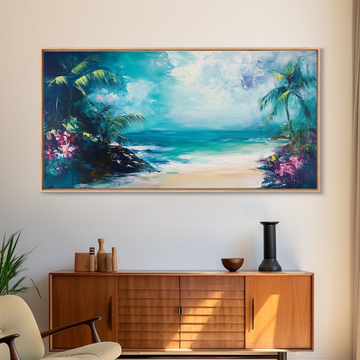 Tropical Beach, Framed Canvas Print, coastal painting, palm tree painting, Hawaii art, nautical decor, coastal wall art
