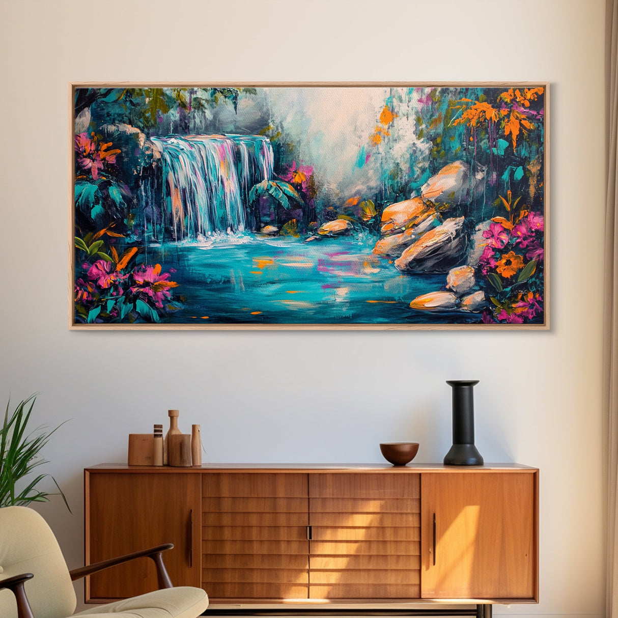 Vibrant Waterfall, Canvas Print, landscape painting, moody art, tropical art, teal wall art, extra wide art, rustic decor