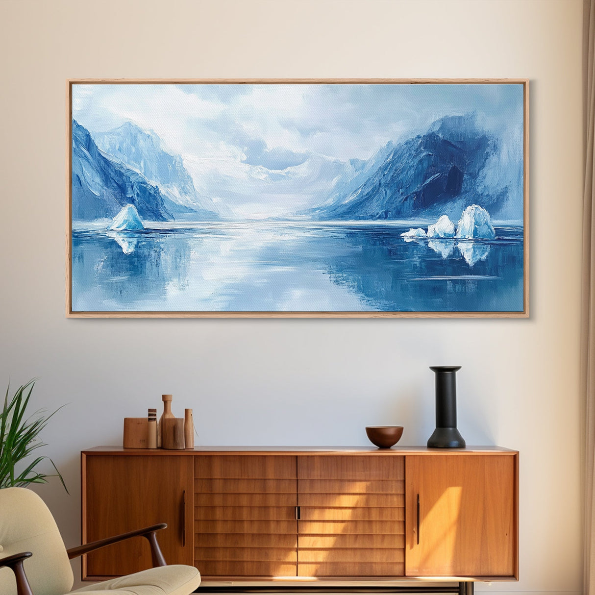 Arctic Reflections, Canvas Print, landscape painting, nautical painting, blue and green wall art, extra wide art, minimalist art