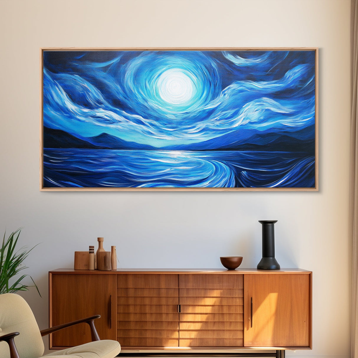 Blue Moon Painting, Moody Art, Nautical Wall Art, Coastal Painting, Framed Canvas Print, Above Couch Art, Extra Wide Art