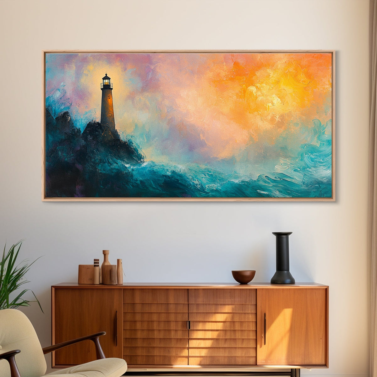 Lighthouse Sunset, coastal painting, nautical wall art, seascape painting, lighthouse art, framed canvas print, panoramic art
