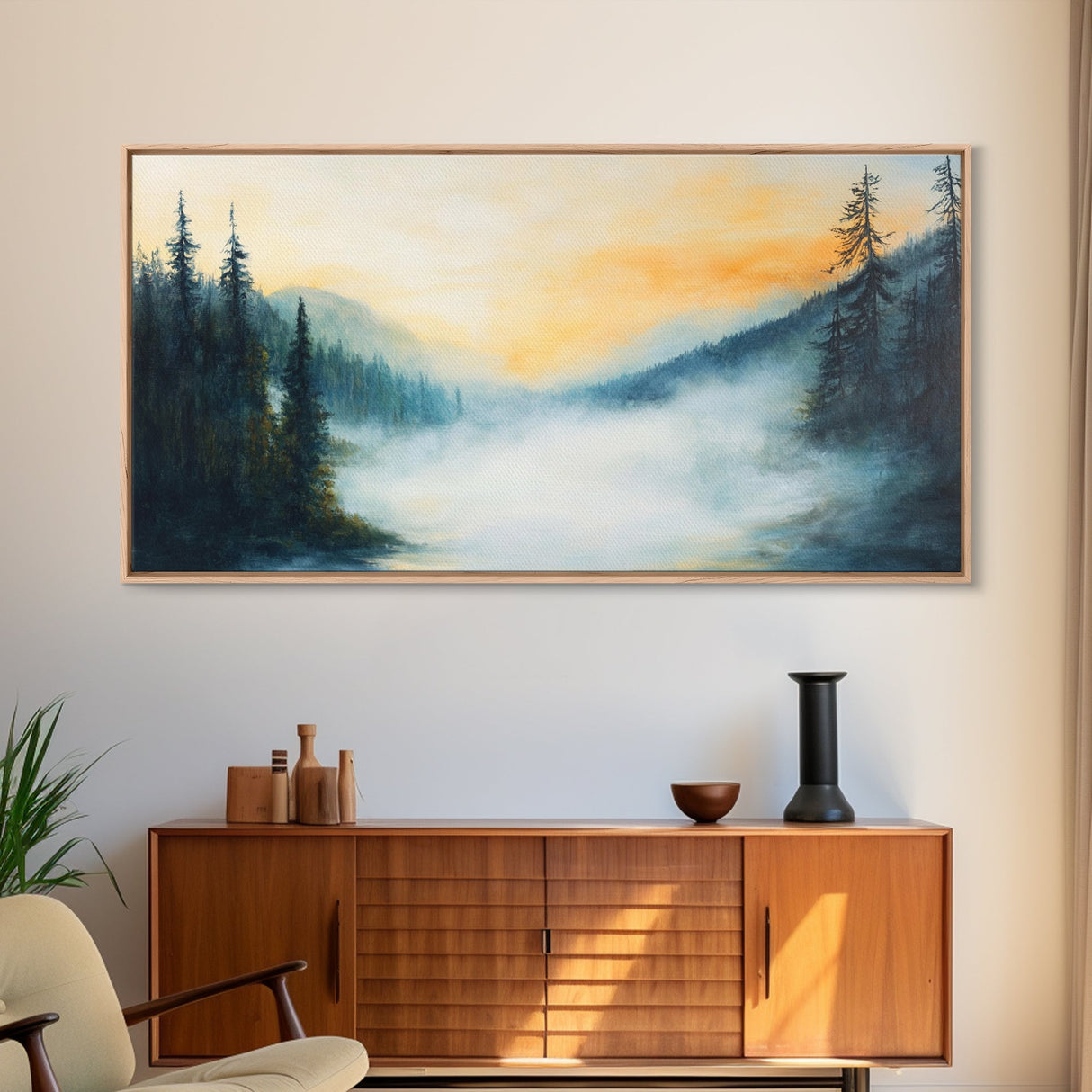 Foggy Pines, smoky mountain art, framed canvas print, forest at dusk painting, pine tree art, above bed wall art, rustic decor