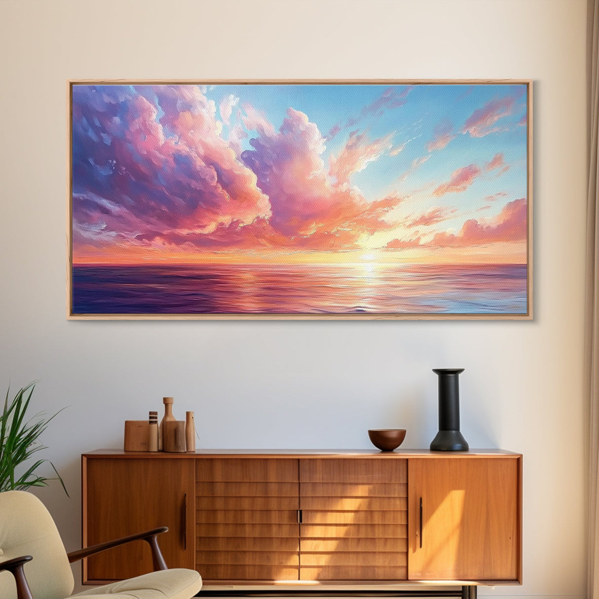 Seascape painting, framed canvas print, extra wide art, sunset painting, panoramic wall art, ocean waves, nautical wall art