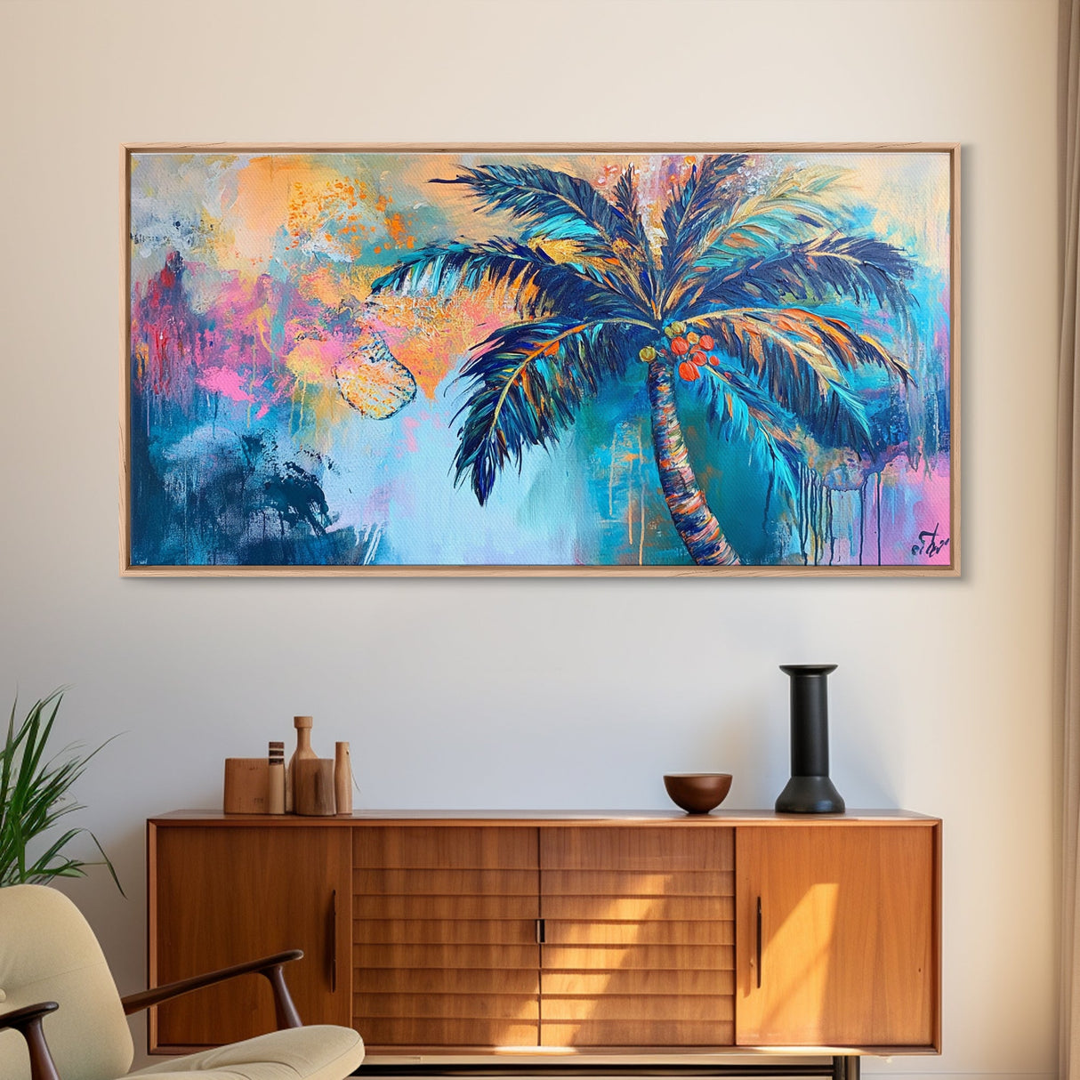 Palm tree painting, coastal wall art, framed canvas print, tropical art, boho art, surf wall art, extra wide art, vibrant wall decor
