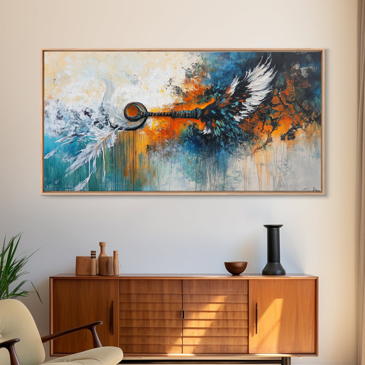 Whimsical art, framed canvas print, extra wide art, rustic wall art, abstract painting, steampunk wall art, eclectic home decor