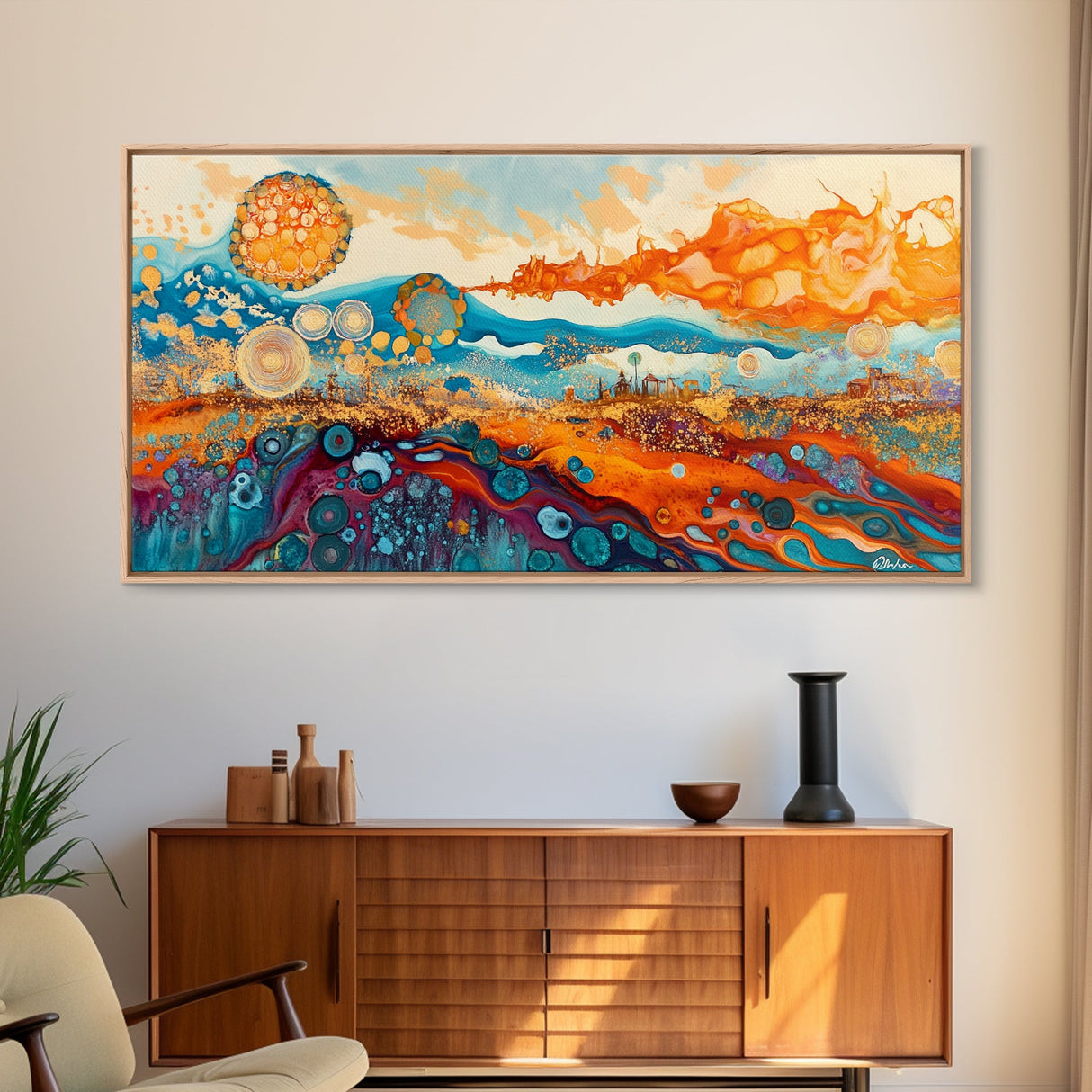 Surreal Abstract Art, phoenix metal art, geometric wall art, moody art, panoramic art, extra wide art, Framed Canvas Print