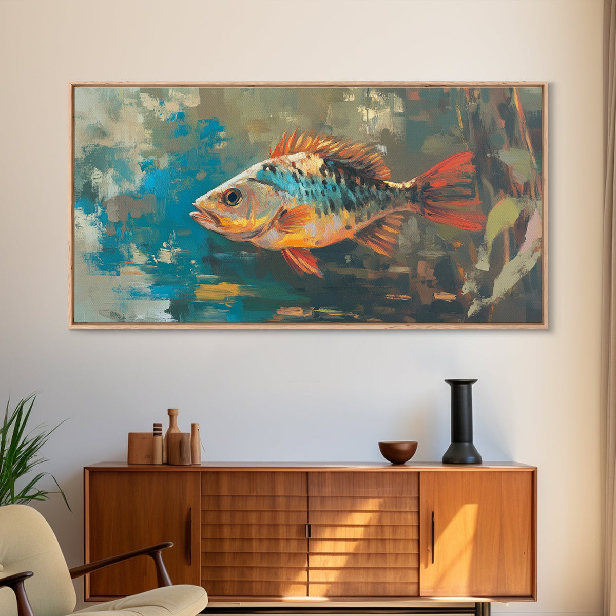 Trout, fish, colorful painting, fisherman painting, rustic wall art, trout art, framed canvas print, extra wide art, gift idea