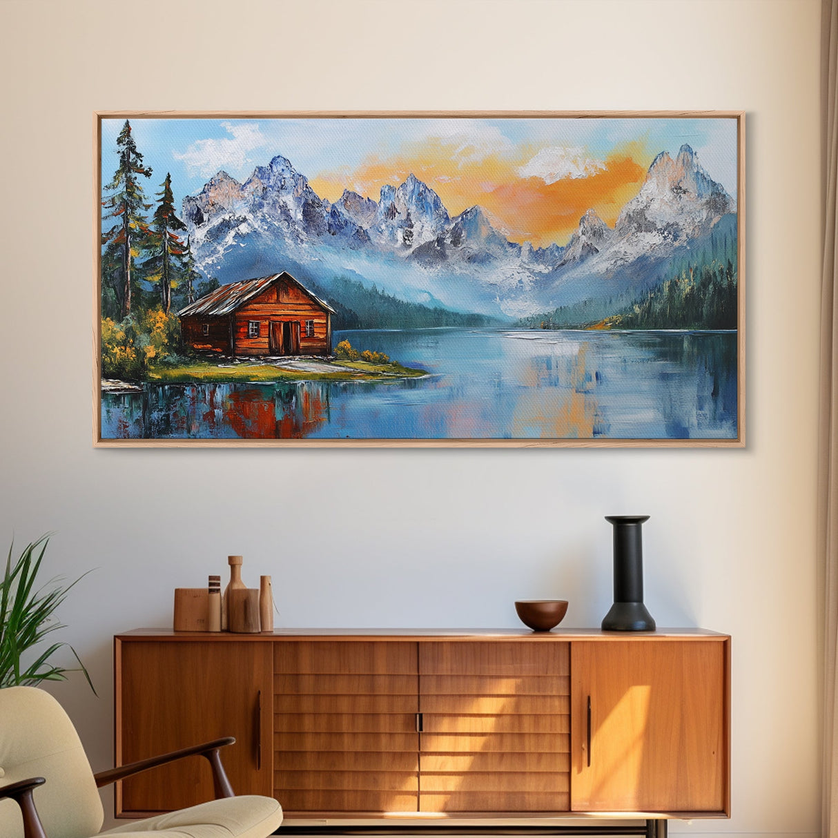 Mountain Cabin, Rustic Art, Lake Tahoe Art, Above Sofa Art, Landscape Painting, Bedroom Art, Framed Canvas Print, Farmhouse Art