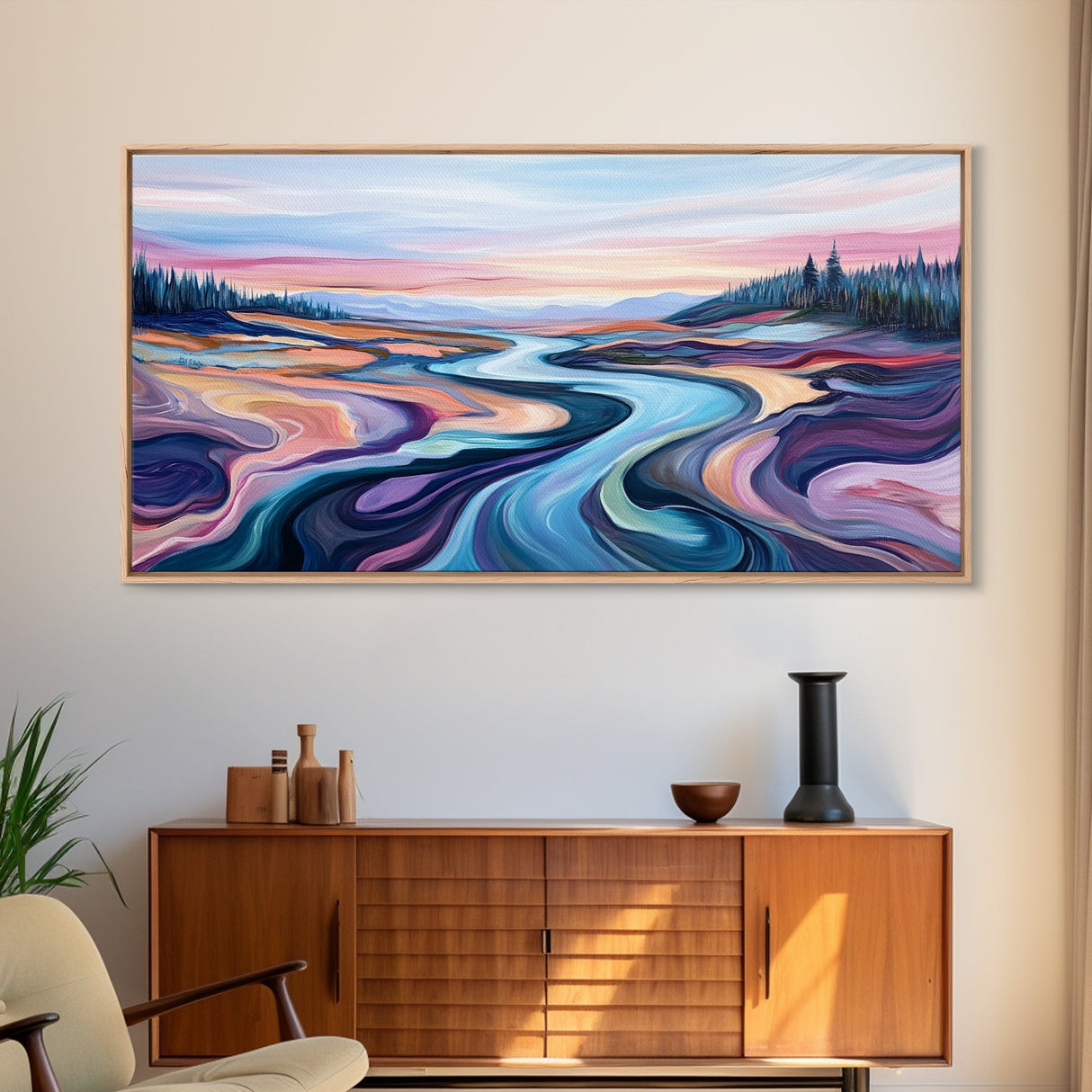 River Landscape, Abstract Art, Geometric Wall Art, Horizontal Wall Art, Extra Wide Art, Canvas Print, Living Room Art